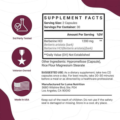 Luma Nutrition Berberine HCL 1200mg – Vegan Glucose Support 60 Capsules