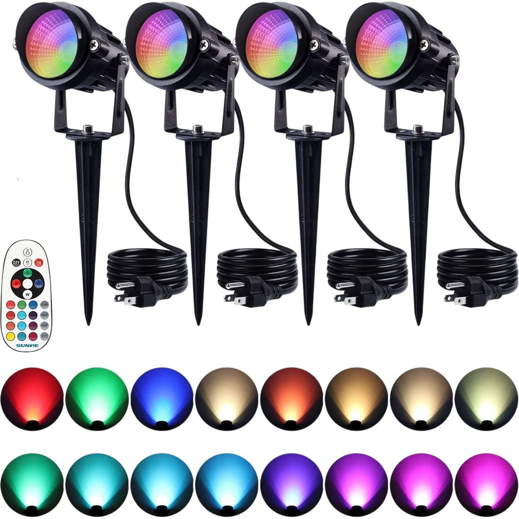 SUNVIE 4 Pack RGBW 12W Outdoor Waterproof Landscape Spotlights Plug-In w/ Remote