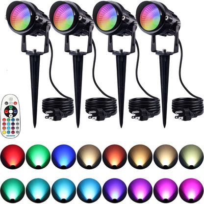 SUNVIE 4 Pack RGBW 12W Outdoor Waterproof Landscape Spotlights Plug-In w/ Remote