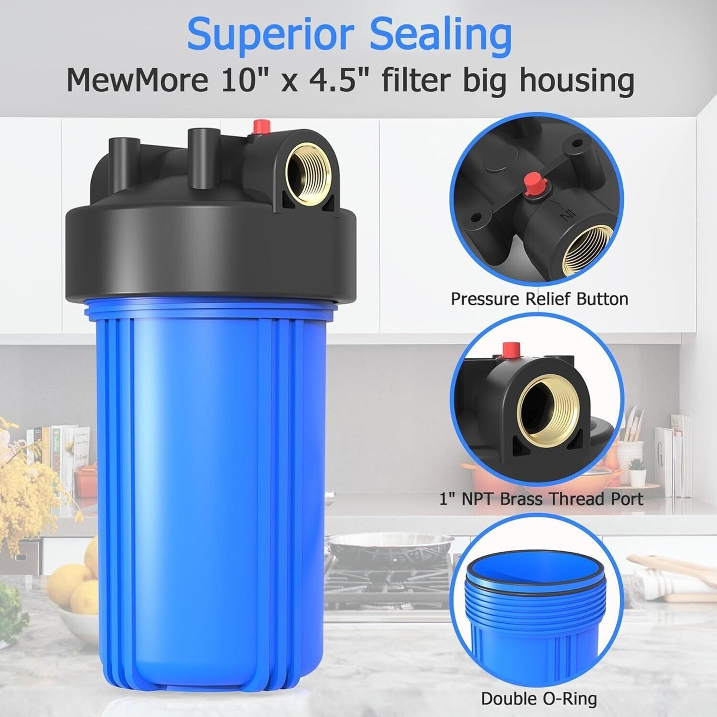 MEWMORE WHB10 10"x4.5" Whole House Water Filter Housing Well & City Water 1" NPT