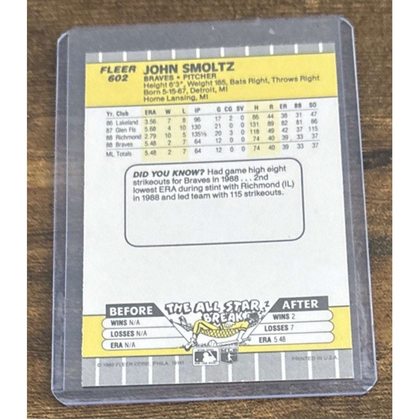 1989 FLEER #602 JOHN SMOLTZ - RC ROOKIE - BRAVES - Pack to Sleeve - MLB Baseball