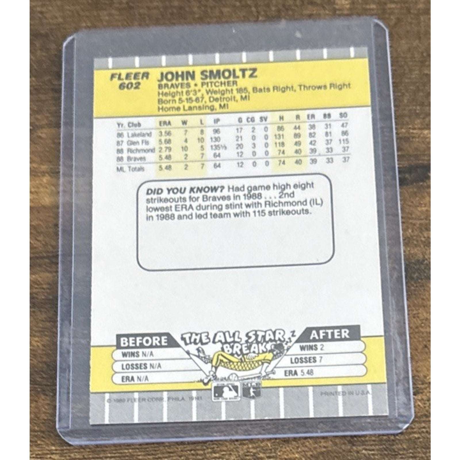 1989 FLEER #602 JOHN SMOLTZ - RC ROOKIE - BRAVES - Pack to Sleeve - MLB Baseball