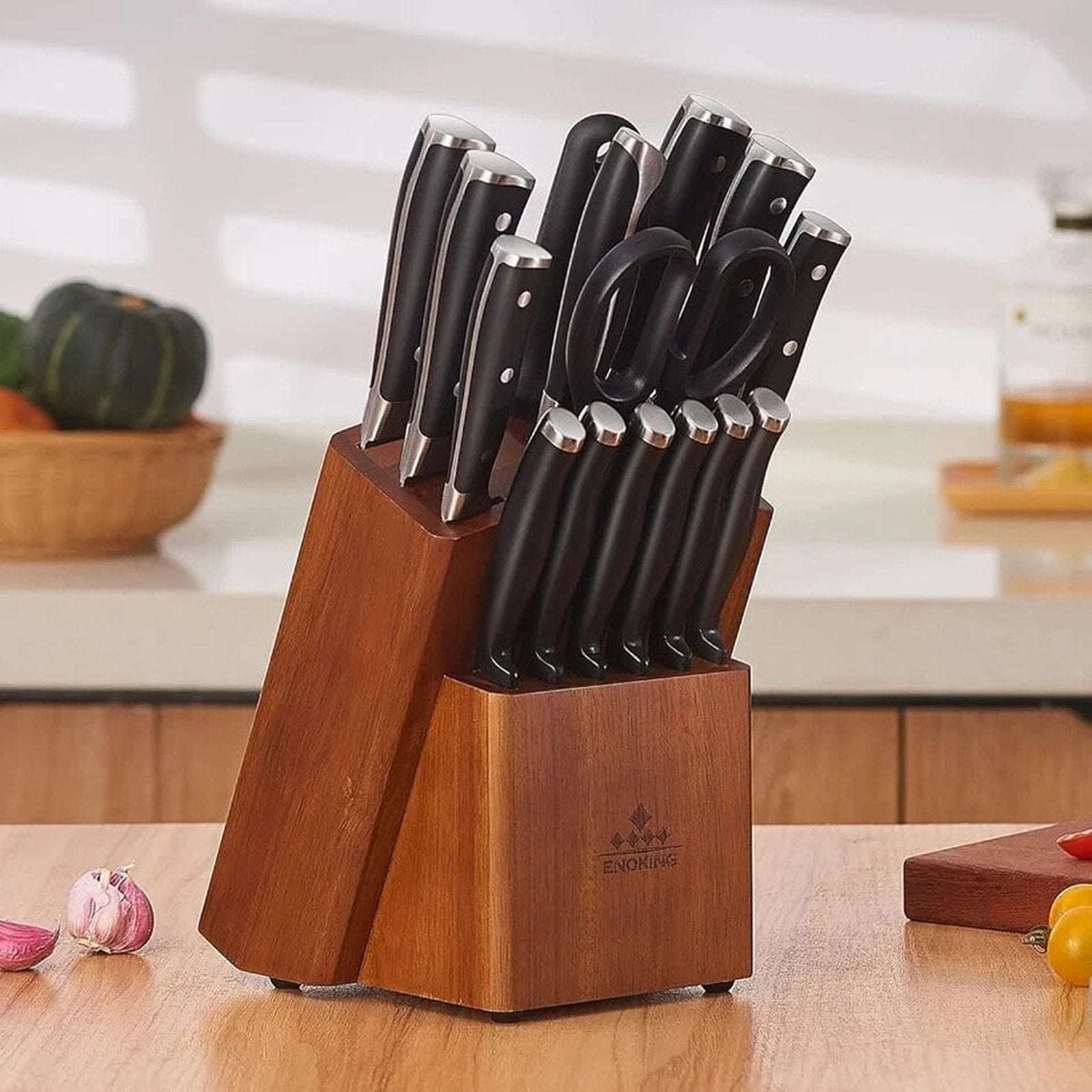 ENOKING Acacia Wood 15-Slot Universal Knife Block Knife Holder