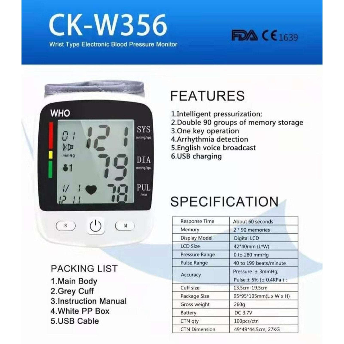 Wrist Blood Pressure Monitor Automatic BP Machine Cuff LED Heart Rate W/ Voice