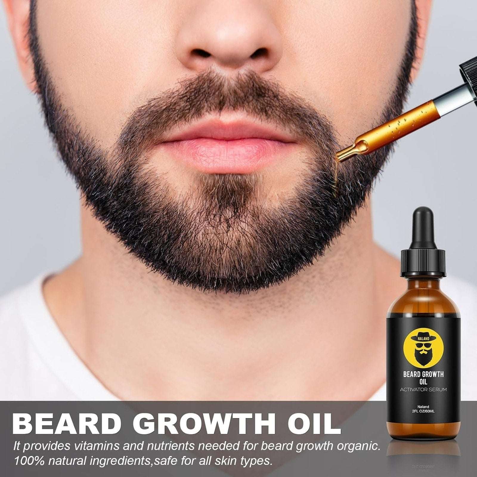 Naland Beard Growth Kit - Growth Oil (2oz), Beard Balm, Beard Comb & Massager