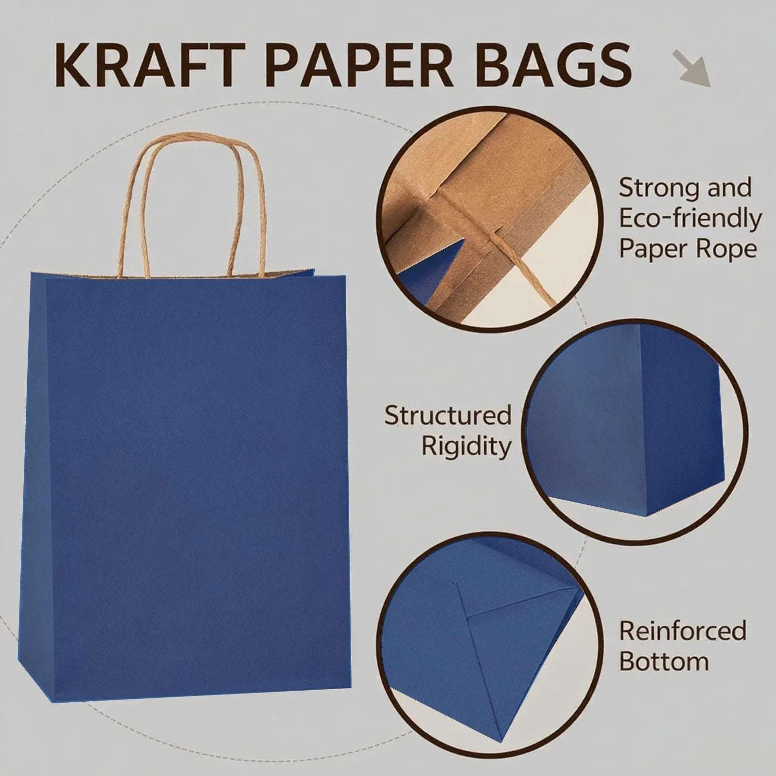 100Pcs Navy Blue Kraft Paper Gift Bags 8x4.25x10.5 Coastal Boutique Retail Gifts