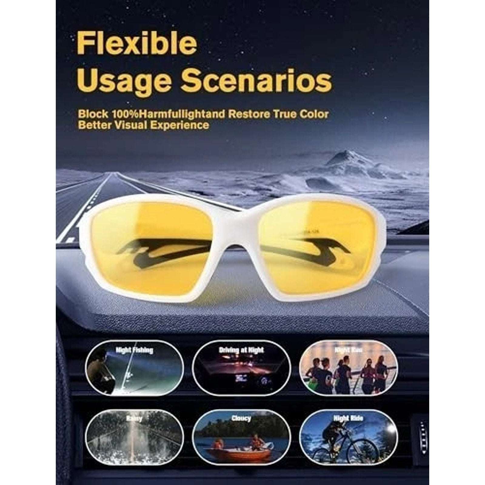BIRCEN Night Vision Anti Glare Glasses White Sports Frames for Driving Fishing +