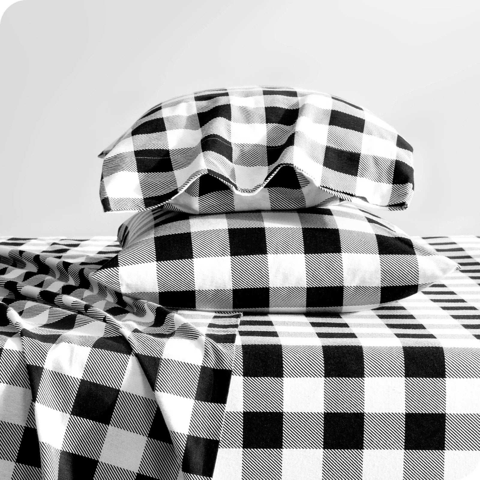 LAMANNI 100% Premium Cotton Flannel Buffalo Plaid Sheet Set - Black/White Queen