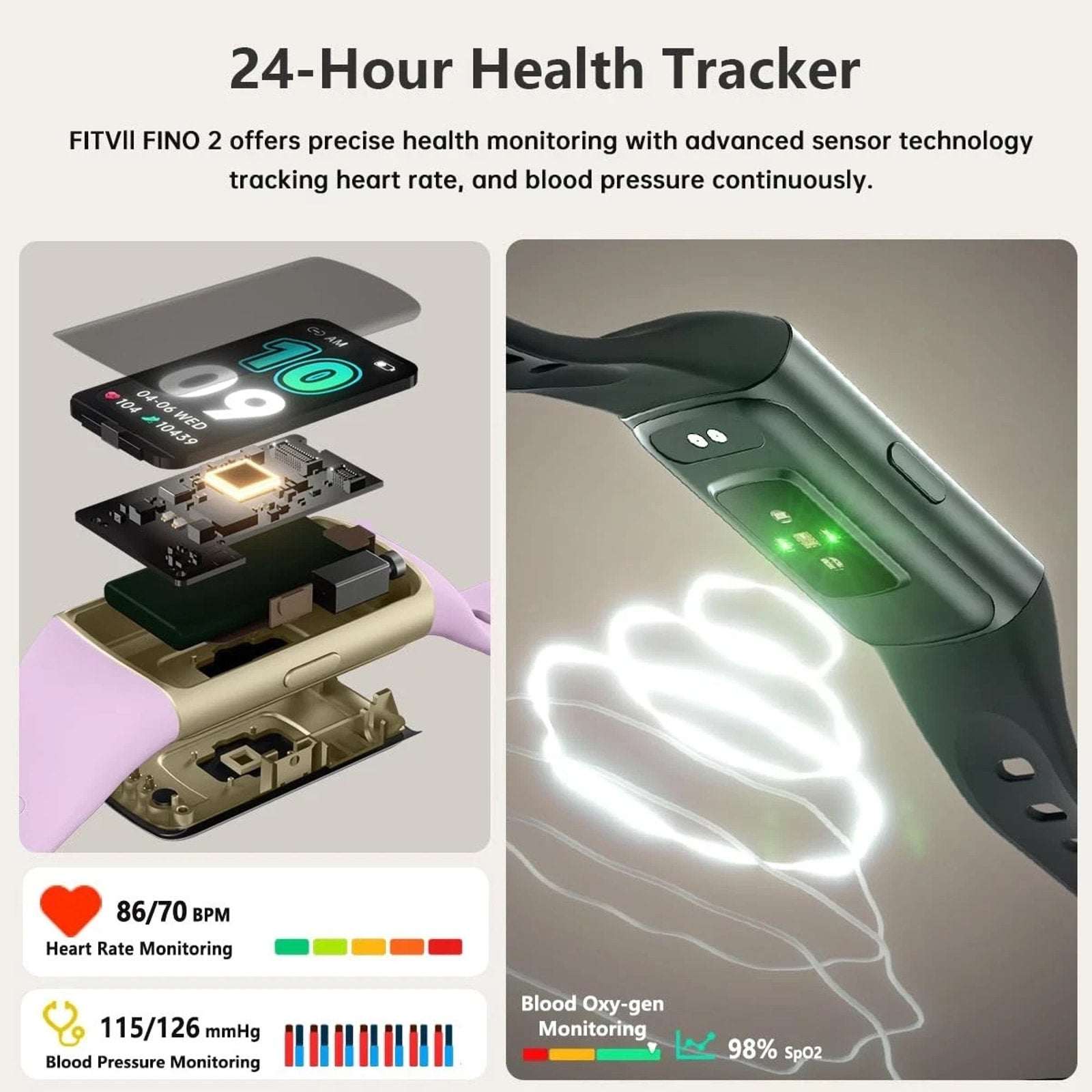 FITVII FINO 2 Slim Fitness Tracker, Smart Watch with Blood Oxygen, Sleep Monitor