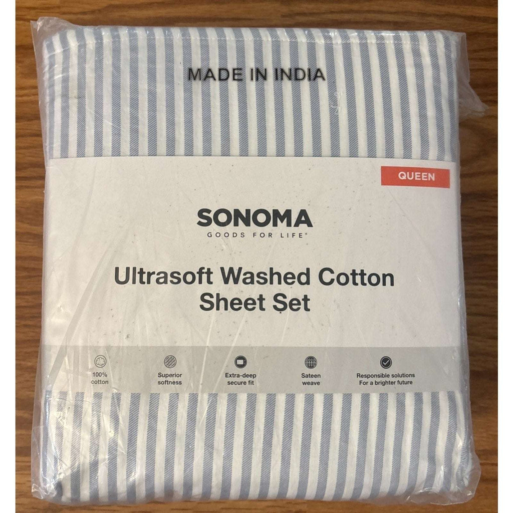 SONOMA ULTRA SOFT WASHED COTTON 4PC SHEET SET Extra Deep Fit Blue Stripe QUEEN