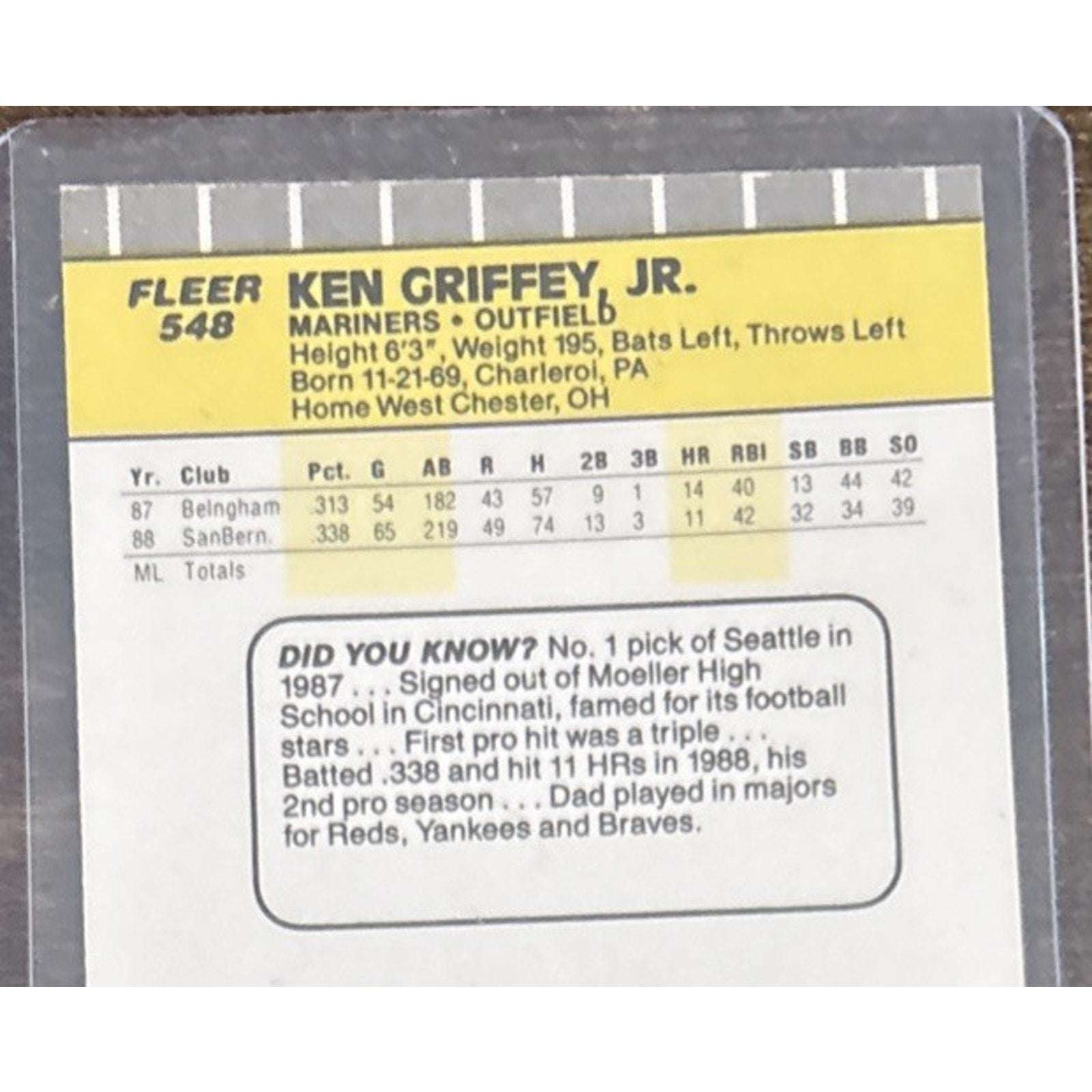 1989 FLEER MLB #548 KEN GRIFFEY JR - RC Rookie Card - Marniners - Pack to Sleeve