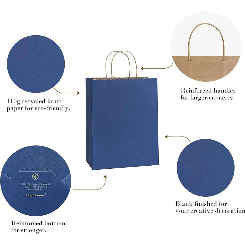 100Pcs Navy Blue Kraft Paper Gift Bags 8x4.25x10.5 Coastal Boutique Retail Gifts