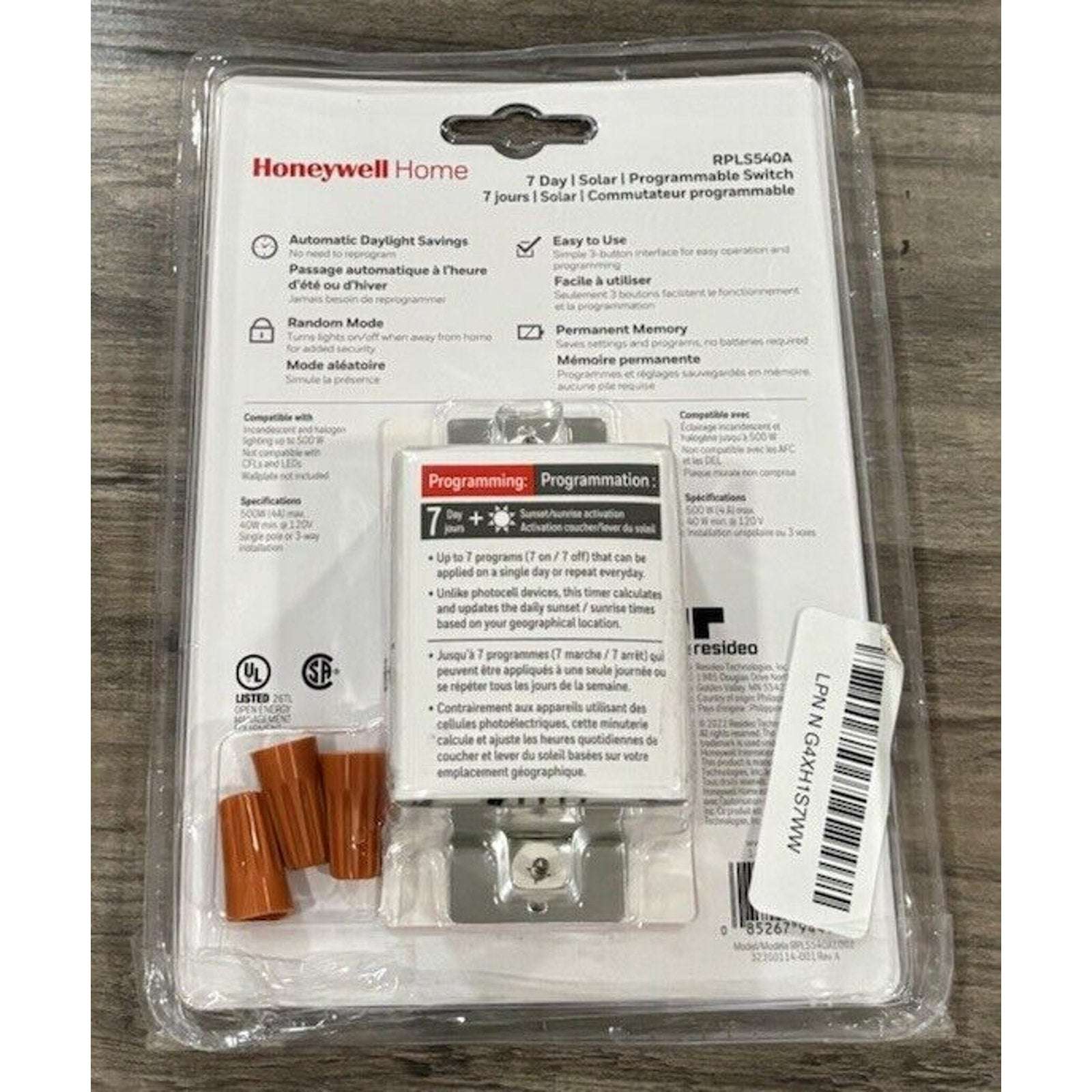 Honeywell Home Solar Programmable Light Switch Timer RPLS540A Universal Wiring