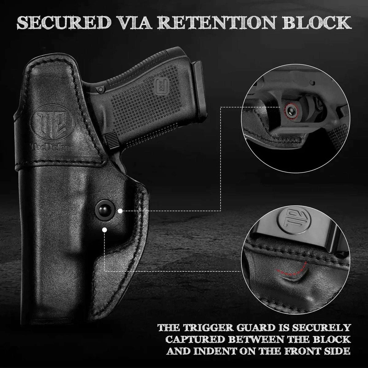 TacDefens IWB Black Leather RH Holster Glock 19 19X 23 45 TriggerBlock Retention
