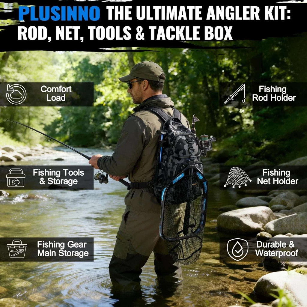 Plusinno Waterproof Fishing Backpack Tackle Bag, Rod, Reel, Net, 111PC Lure Kit+