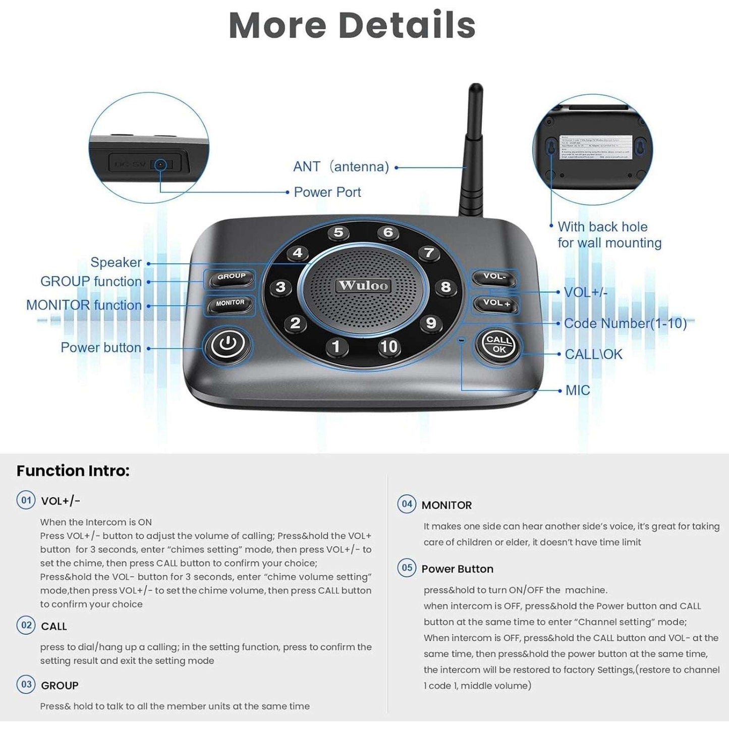 Wuloo S600-P2 Full Duplex Two Way Audio Wireless Intercom System 5280ft Range