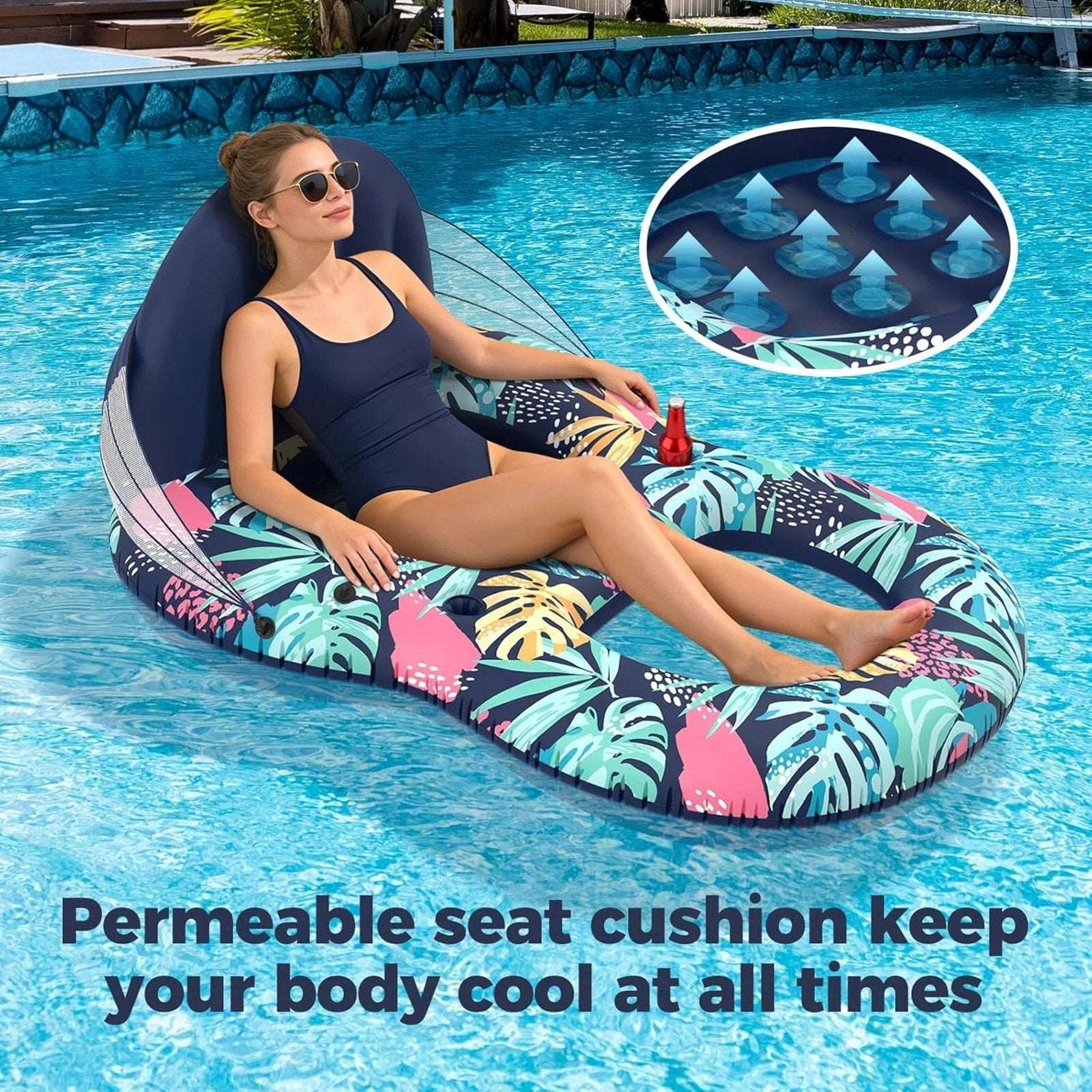 Pool Float w/ Canopy Inflatable Adult 60"x43" Lounger Raft w/ UPF 50+ Sunshade