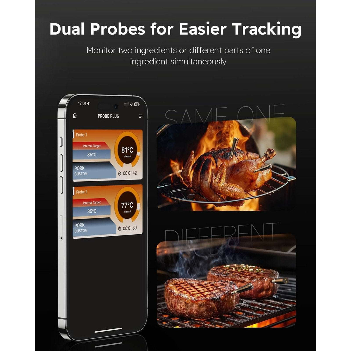 Smart Wireless BT Meat Thermometer 2 Probes 6 Sensors Instant Read App Control