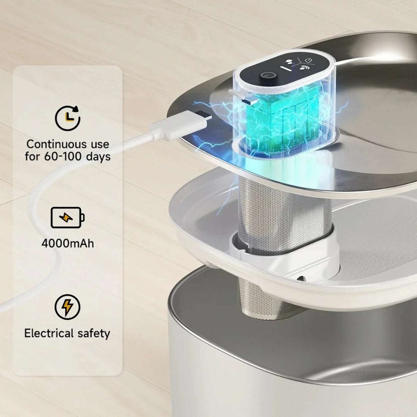 KittySpout 4L Stainless Steel Pet Water Fountain Silent Wireless Motion Sensor