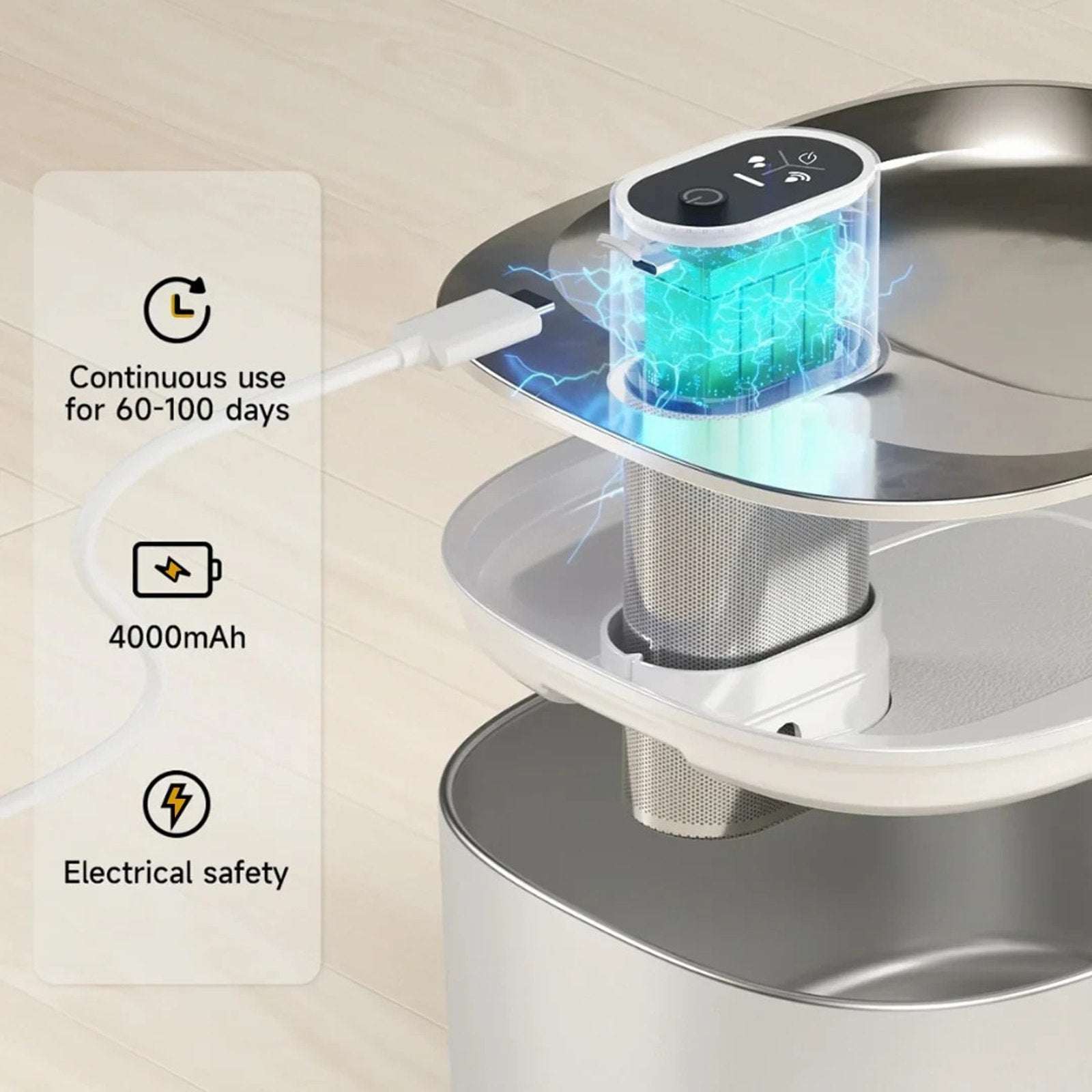 KittySpout 4L Stainless Steel Pet Water Fountain Silent Wireless Motion Sensor