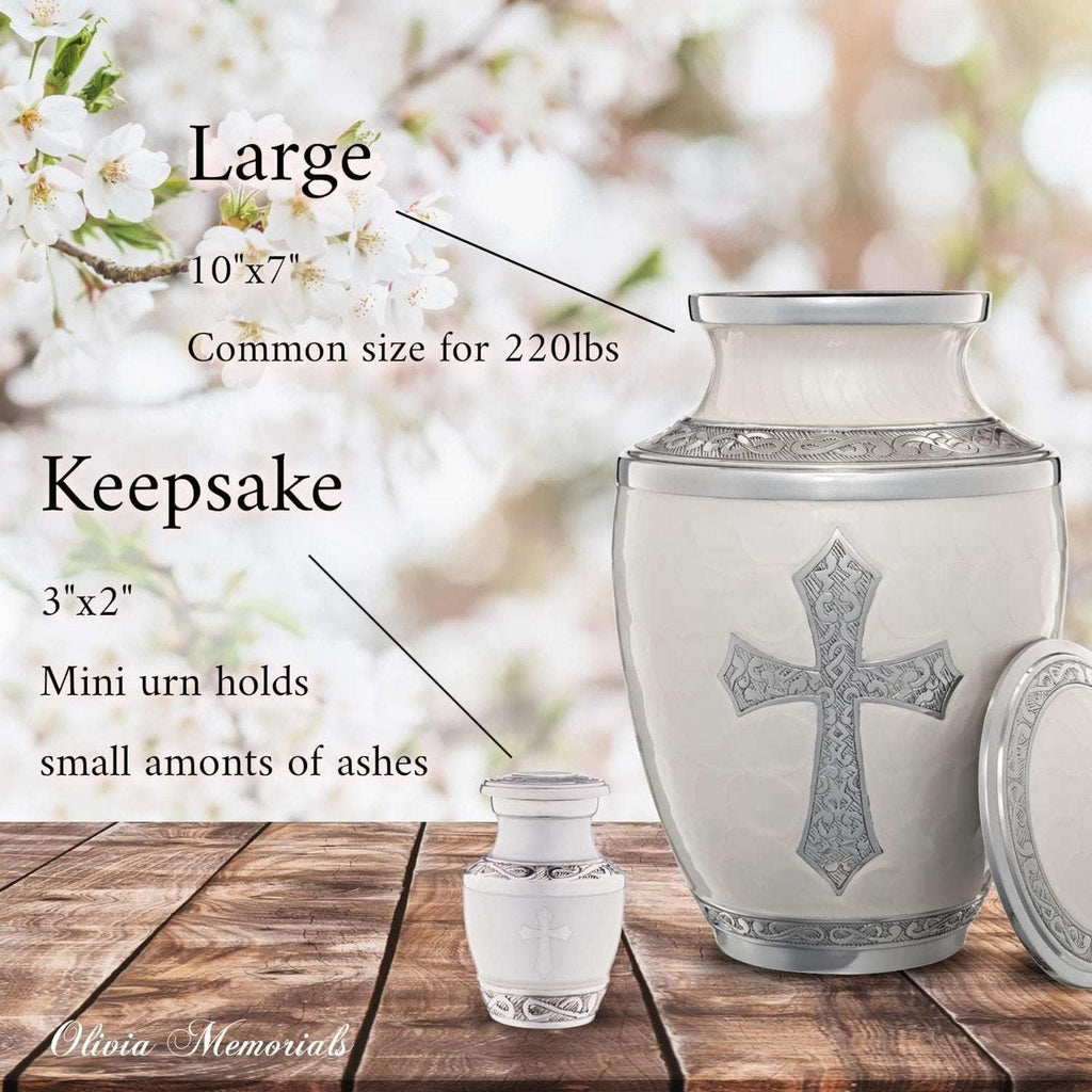 Olivia Memorials God's Love White Urn for Ashes Hand Engraved Cross Large 8x10