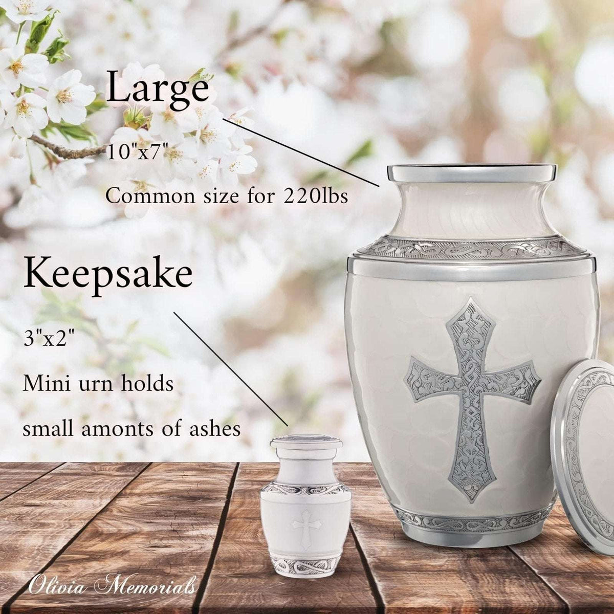 Olivia Memorials God's Love White Urn for Ashes Hand Engraved Cross Large 8x10