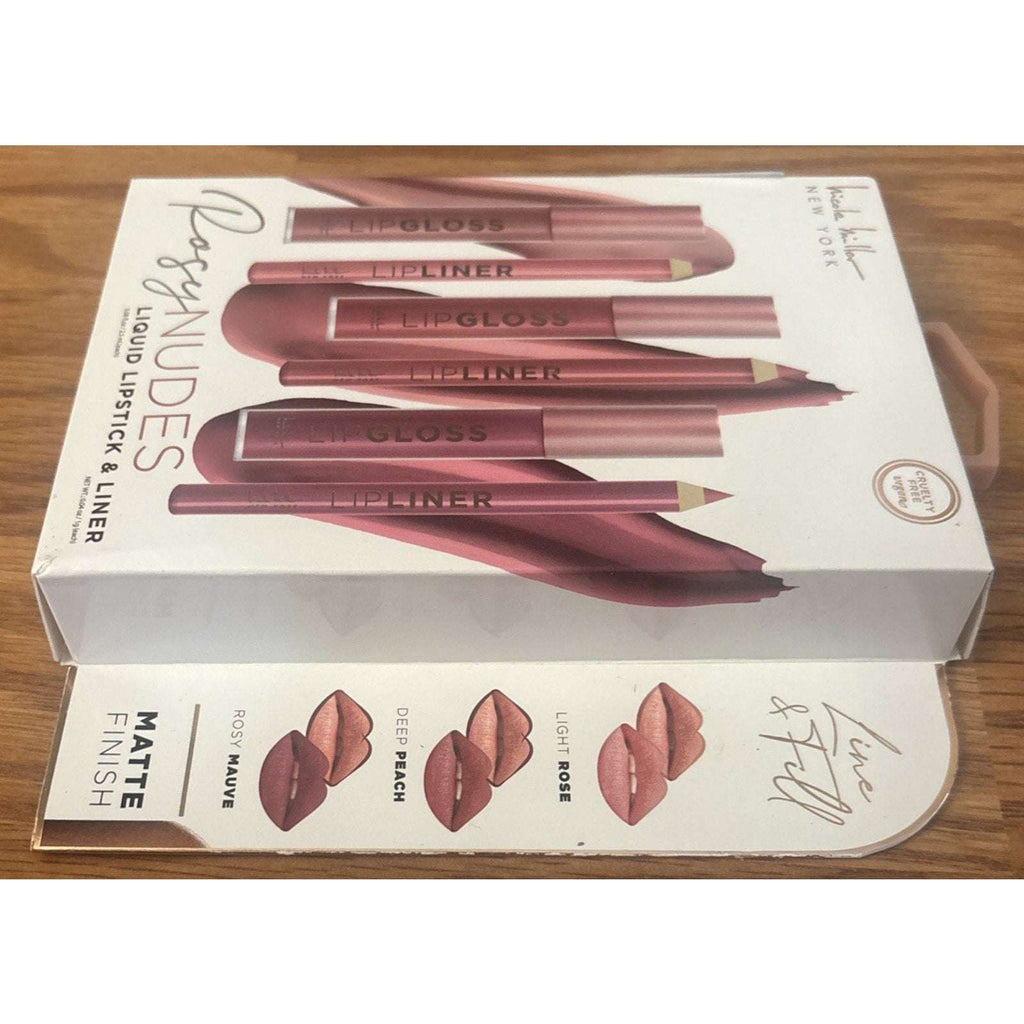 Nicole Miller NY Rosy Nudes Liquid Lipstick & Liner 6Pc Set Rose, Peach & Mauve