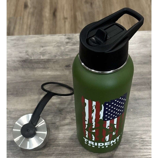 Trident Hydration Own The Day Green American Flag 32oz Water Bottle w 2 Lids