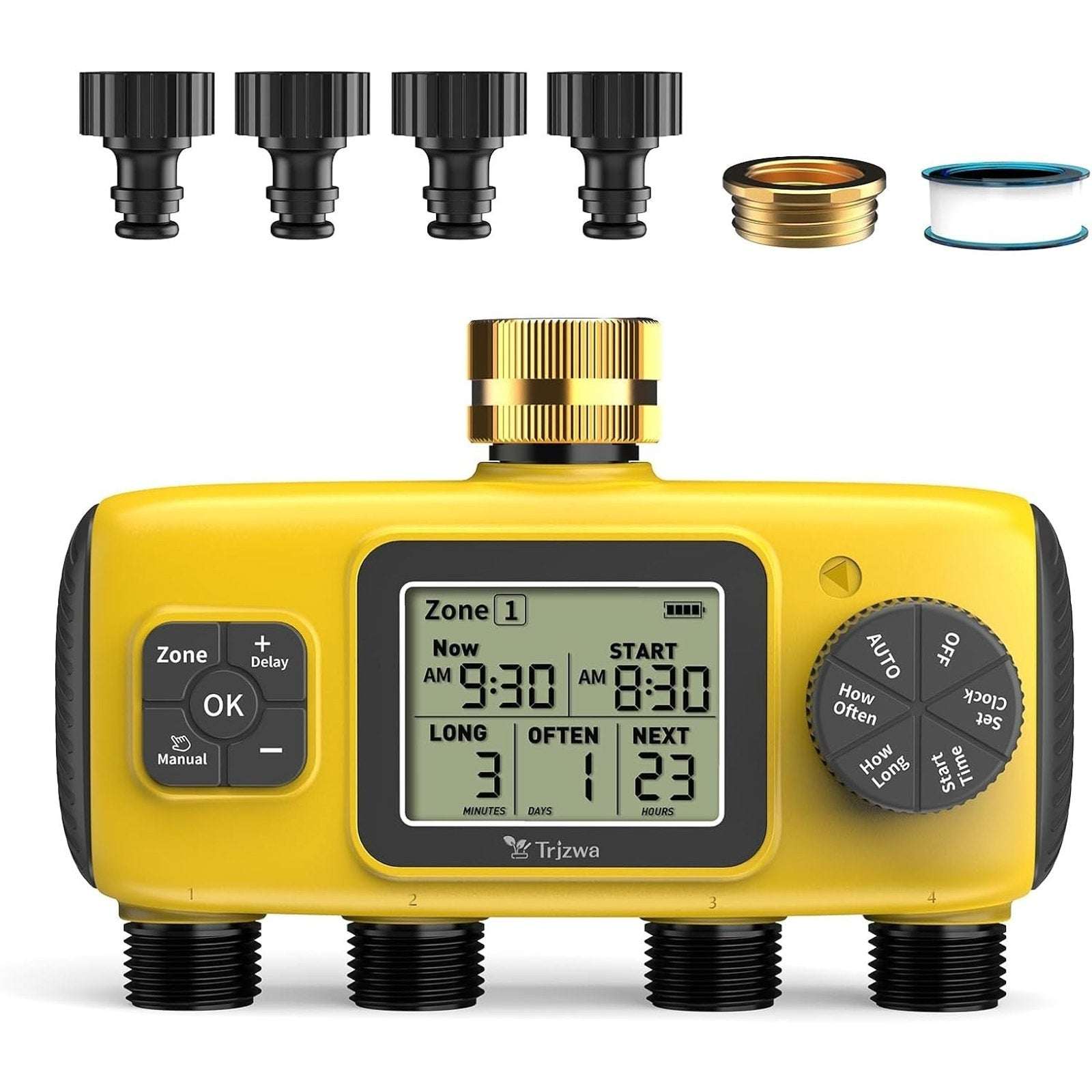 4-Zone Programmable Digital Smart Water Timer w/ Brass Inlet, Rain Delay, Anti-R