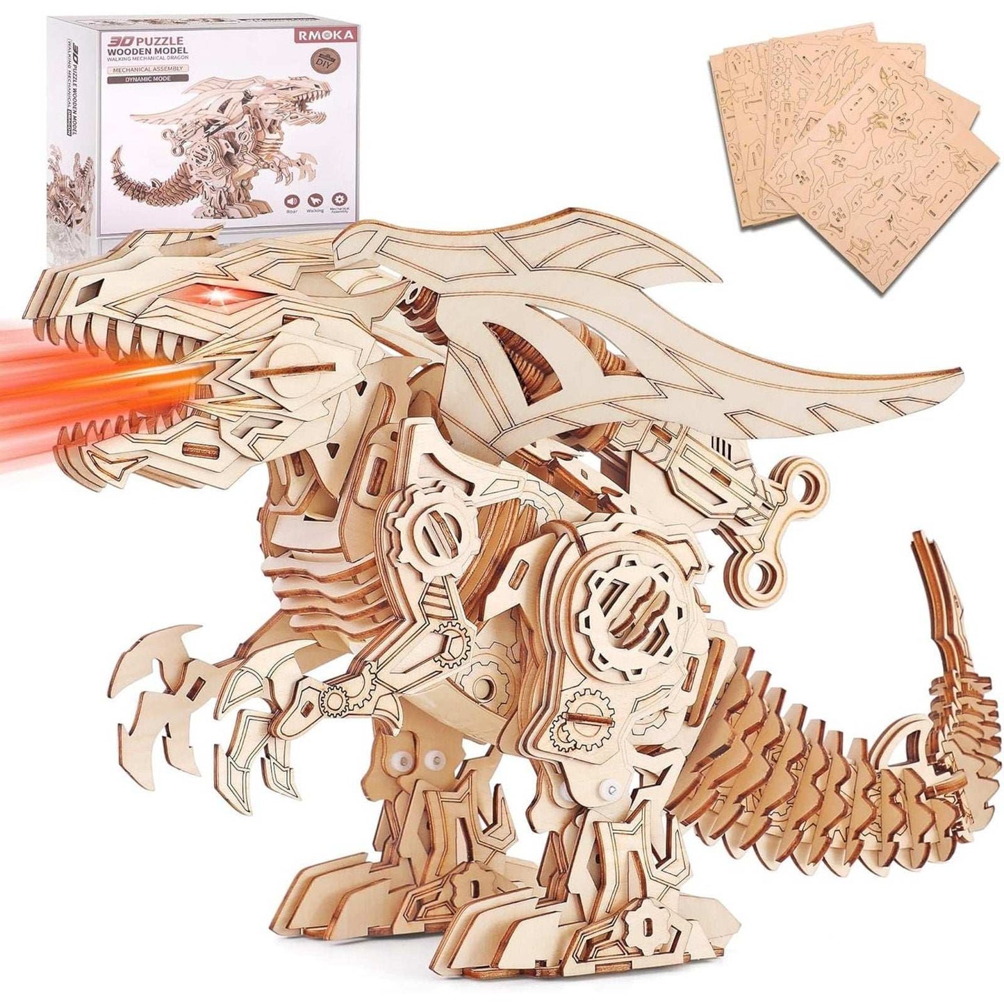 RMOKA 3D DIY Wooden Puzzle Walking Mechanical Roaring Dragon Mechanical Assembly