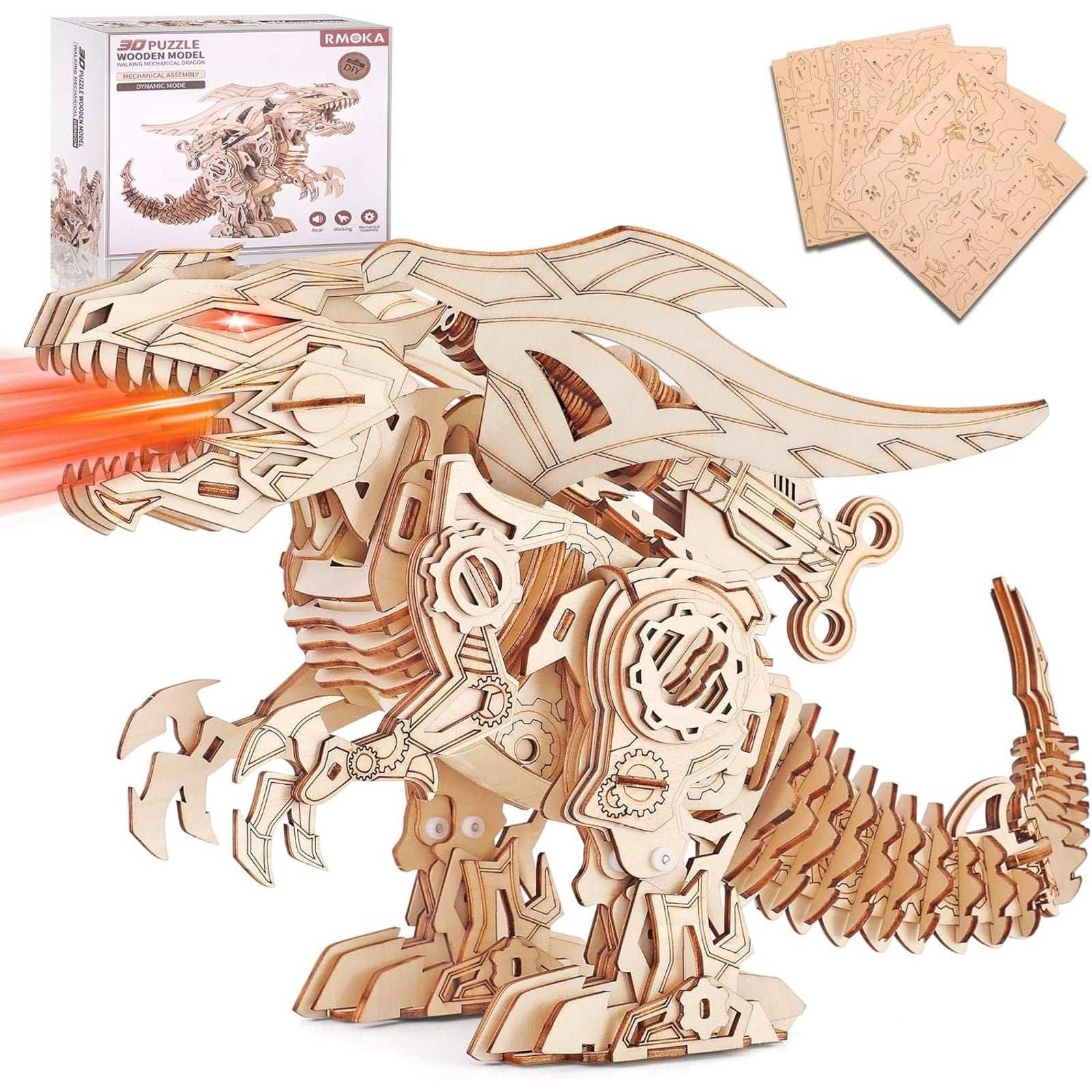 RMOKA 3D DIY Wooden Puzzle Walking Mechanical Roaring Dragon Mechanical Assembly