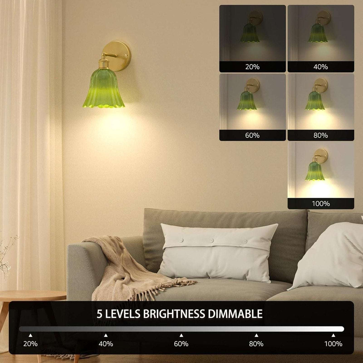 2Pc Vtg Wireless Wall Sconce Green Tulip Glass & Gold w Remote Rechargeable Bulb