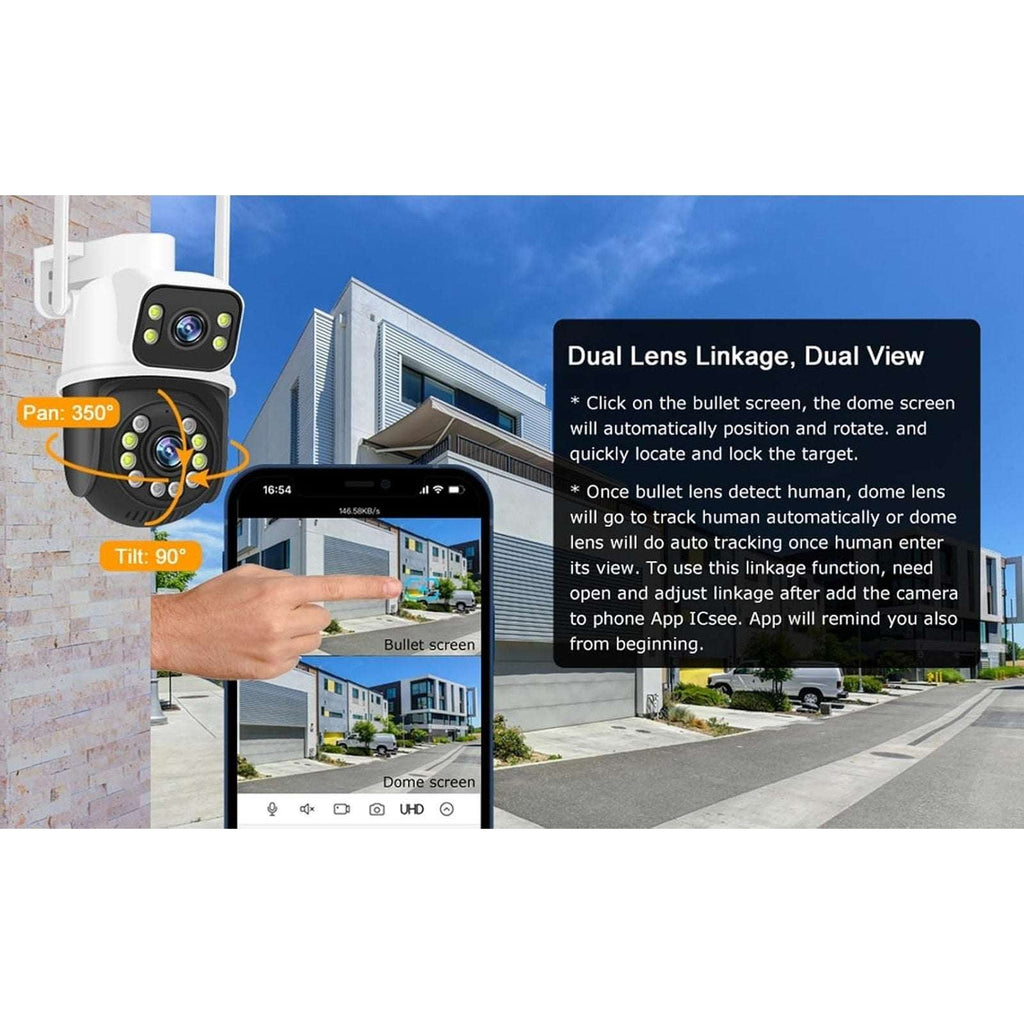 2CPU 6MP WiFi Camera Outdoor Dual Lens/Screen Auto Tracking, Night Vision, 2-Way
