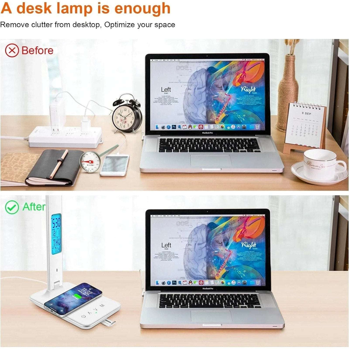 LED Desk Lamp w/ Wireless Charger & USB Charging 2 Devices @ Once Clock Calendar