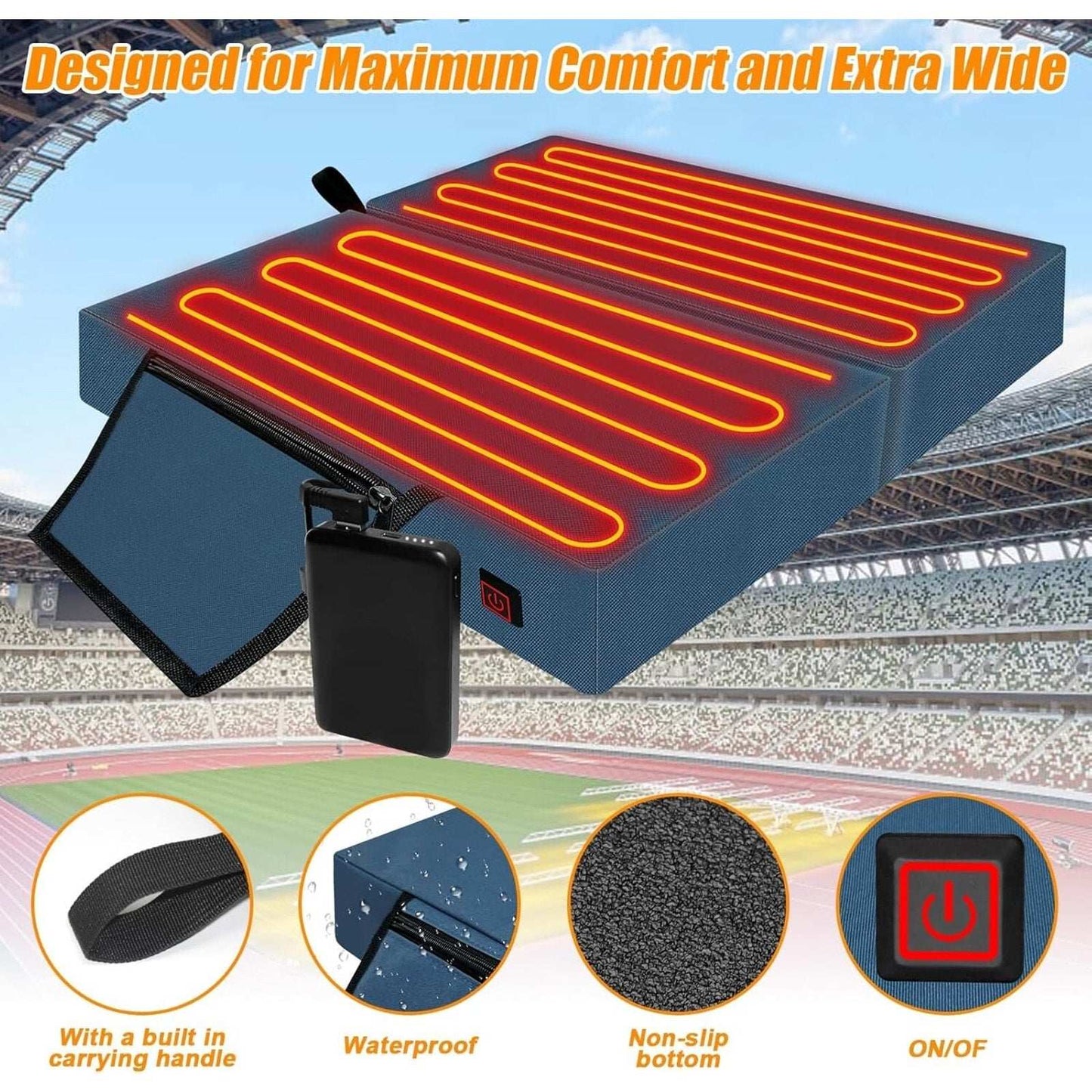 Extra Wide Heated Stadium Seat Cushion Foldable Portable Bleacher 3 Heat Setting