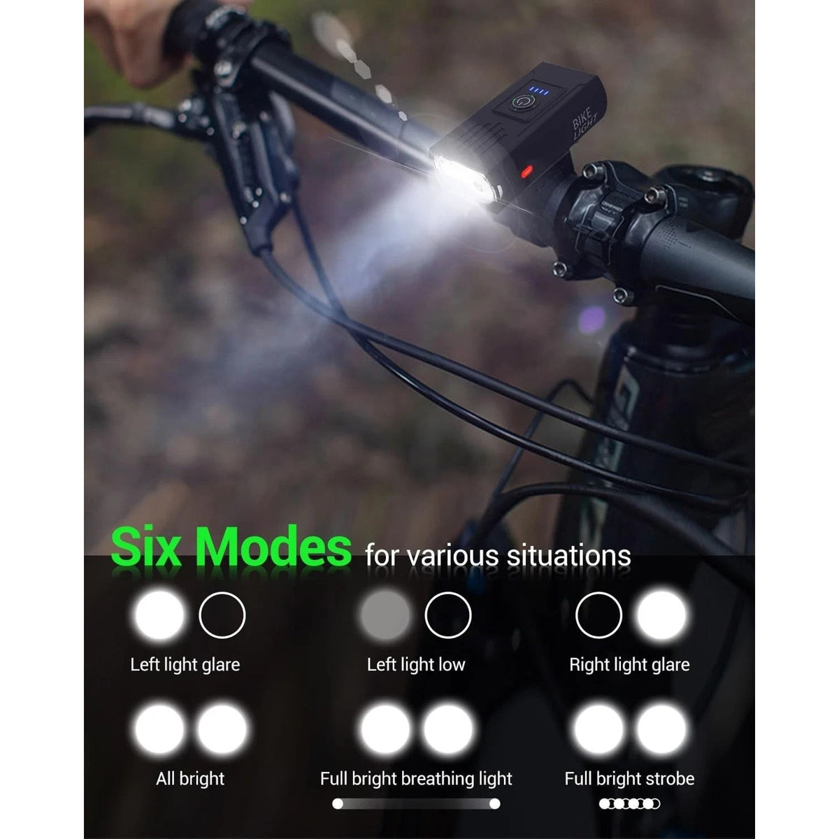 Front & Rear Bike Lights - Shockproof Waterproof 1500lm 6 Modes USB Rechargeable