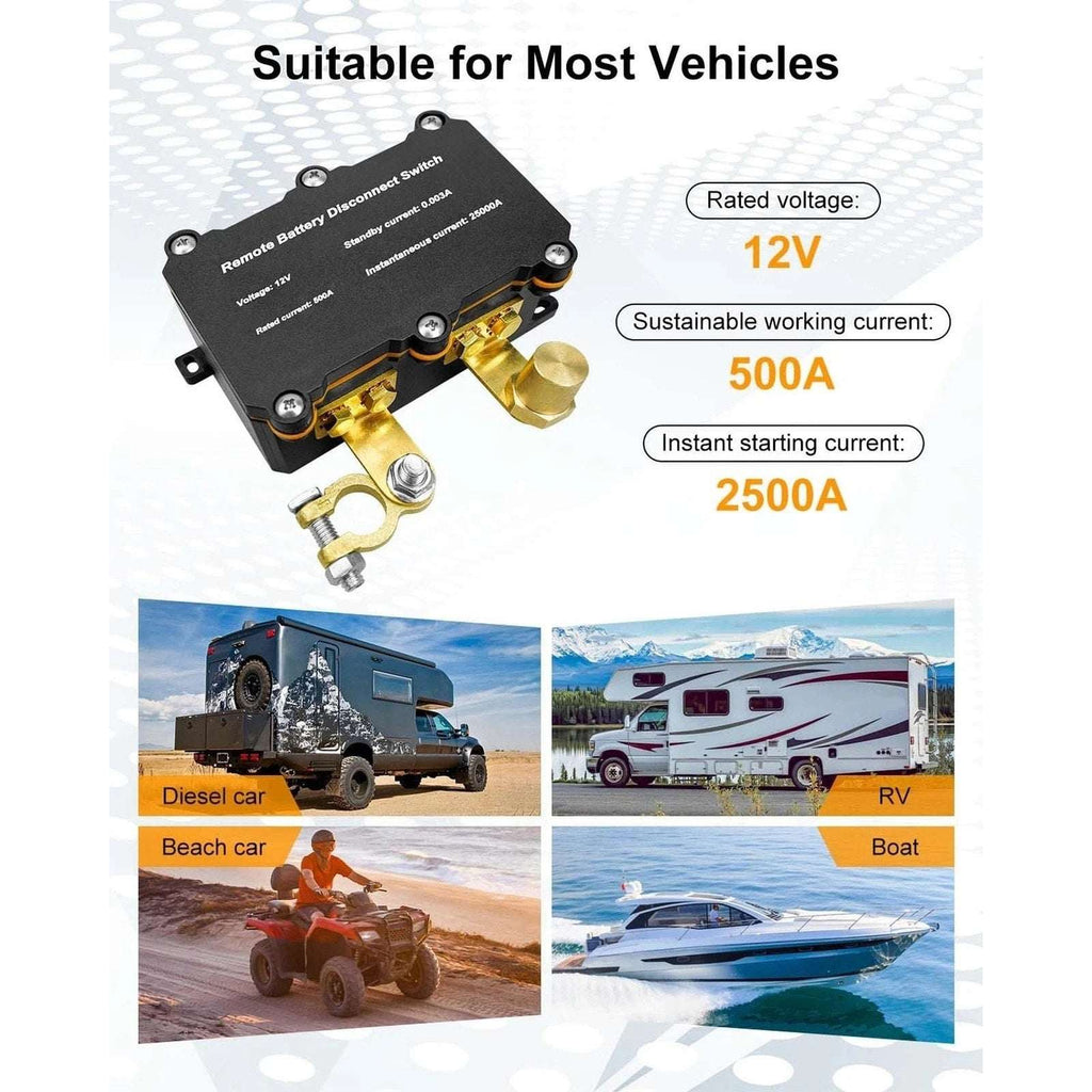 500A Remote Battery Disconnect Kill Switch 12V for Car Truck RV Heavy Duty Kit
