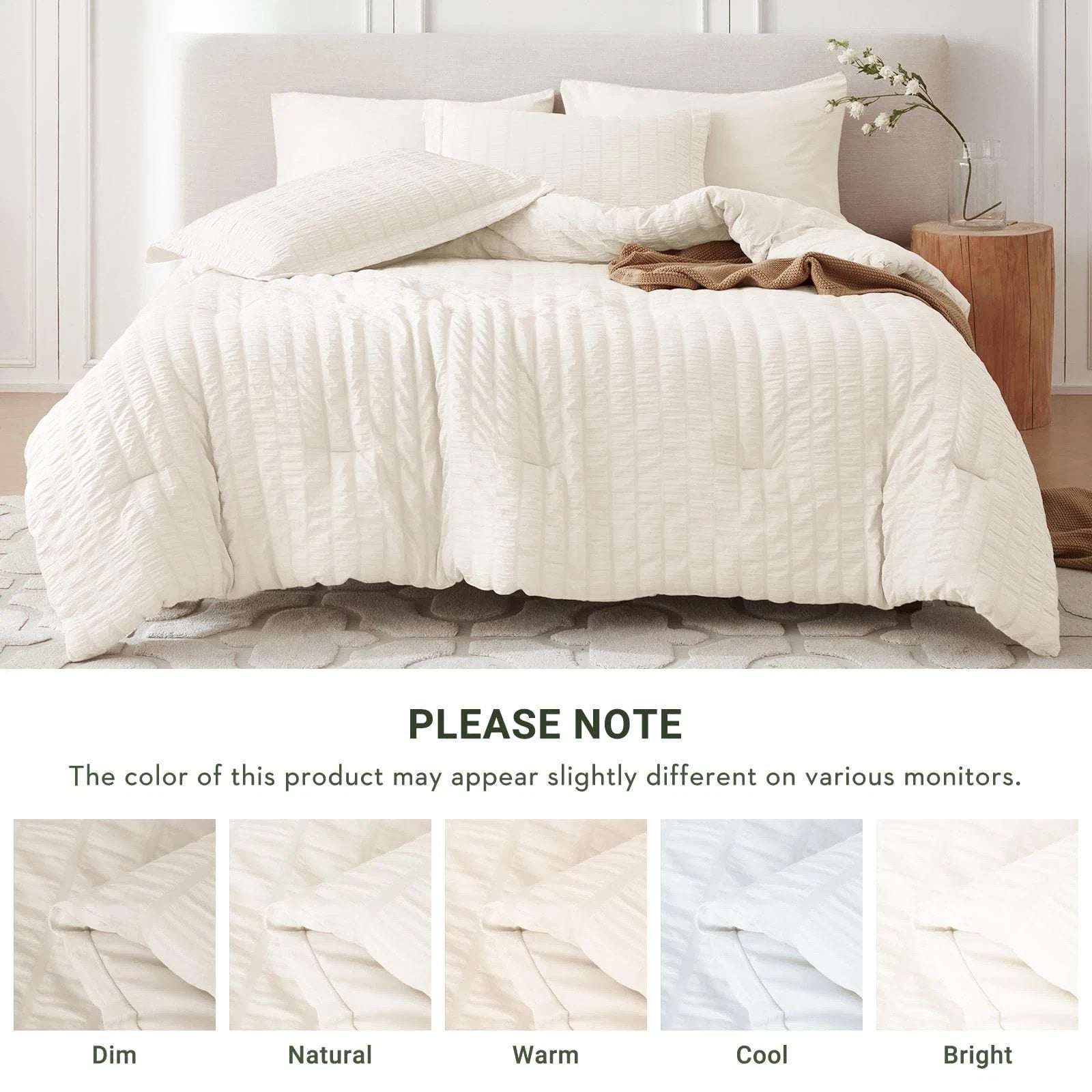 MUXHOMO 7PC Ivory Seersucker Queen Size Comforter & Sheet Set, Bed in a Bag