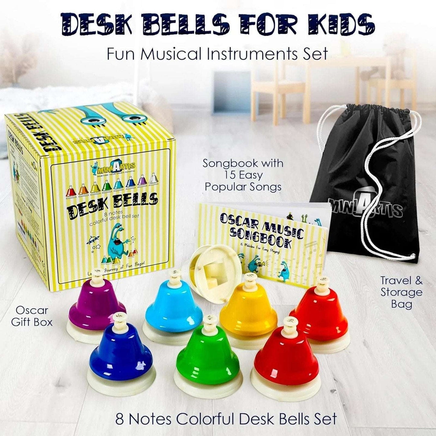 MINIARTIS Desk Bells for Kids Educational Music Learning Toys + Song Book & Bag