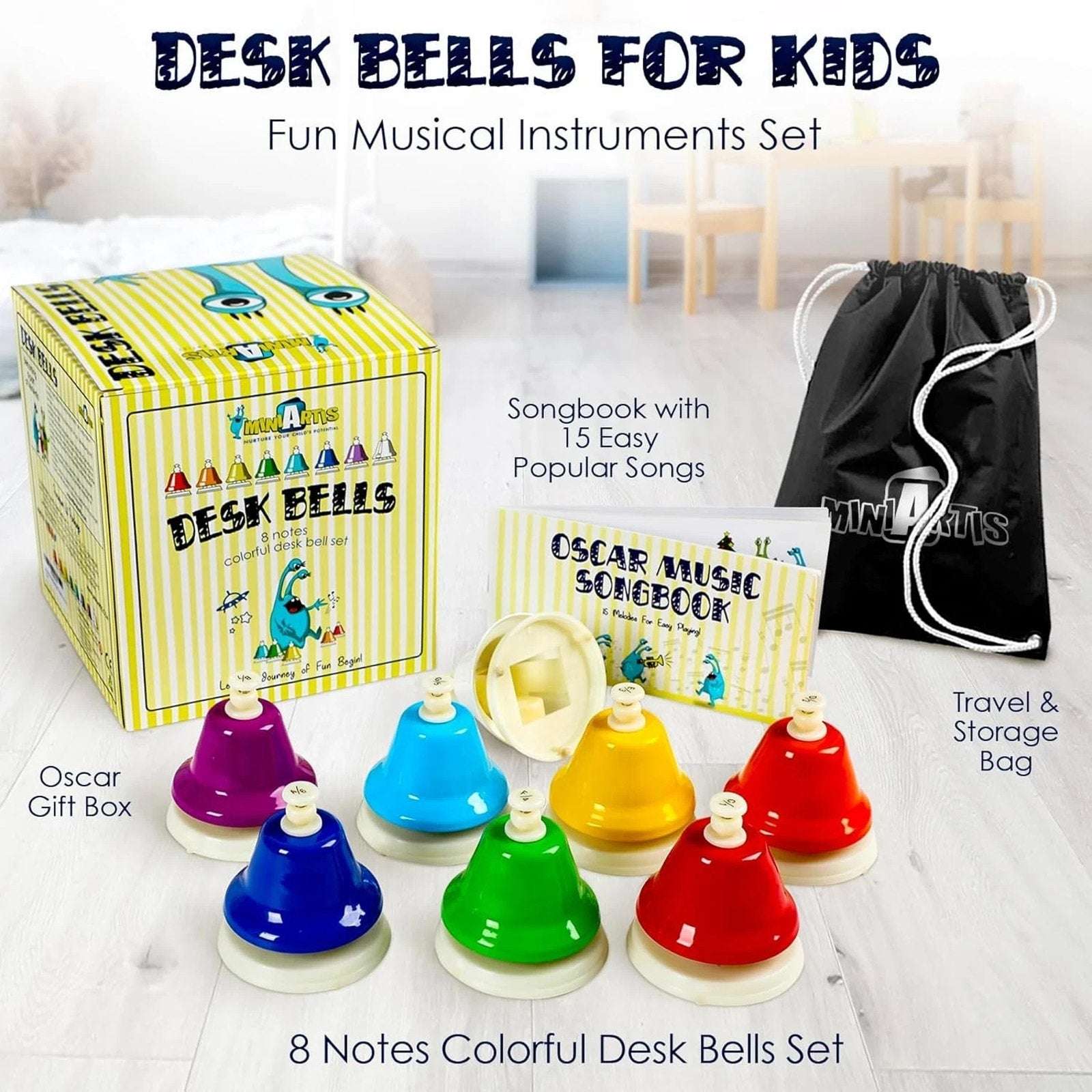 MINIARTIS Desk Bells for Kids Educational Music Learning Toys + Song Book & Bag
