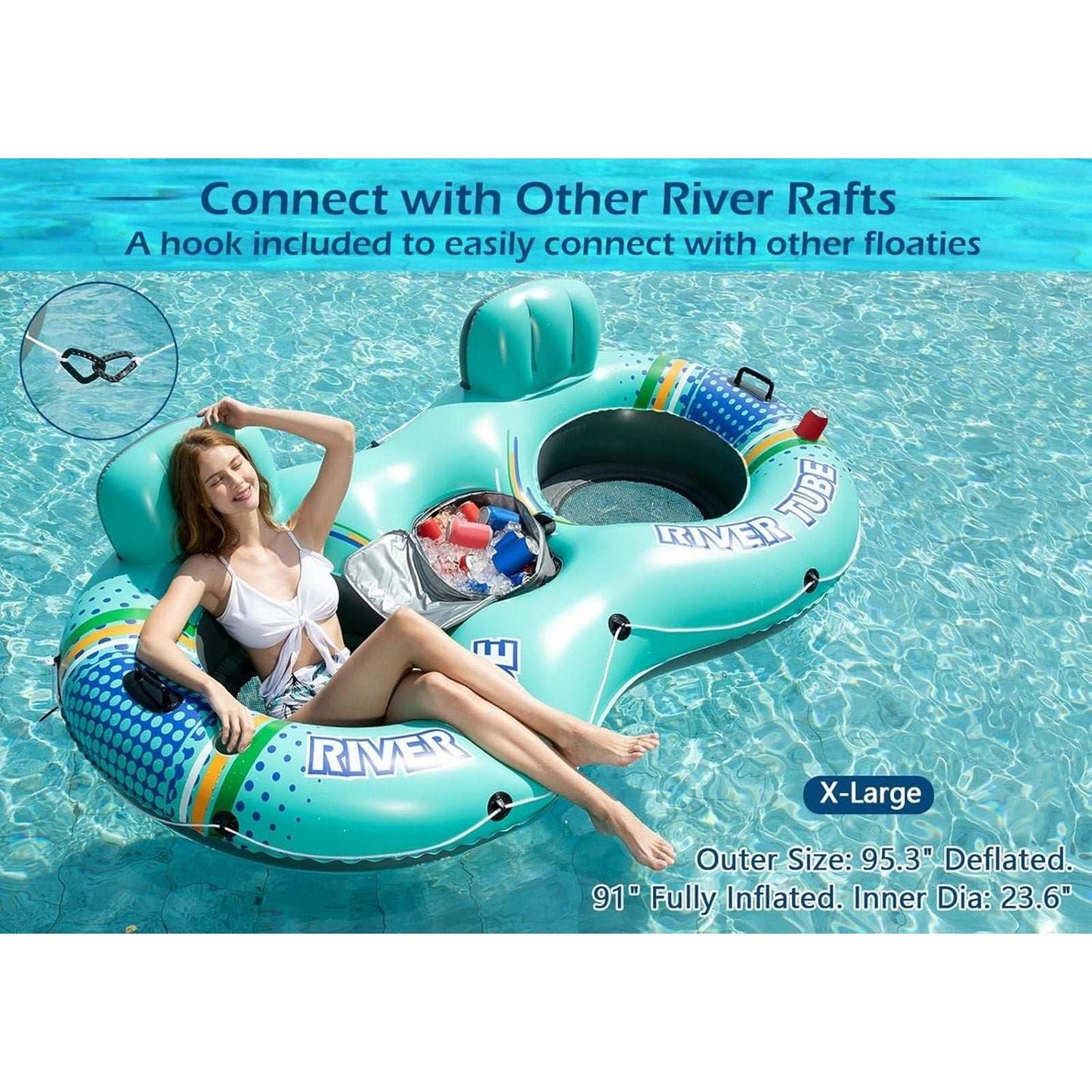 Inflatable 2 Person River Tube Float w/ Cooler Heavy Duty Double Water Pool Lake