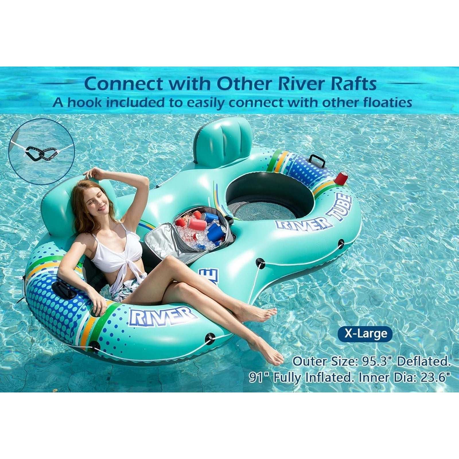 Inflatable 2 Person River Tube Float w/ Cooler Heavy Duty Double Water Pool Lake