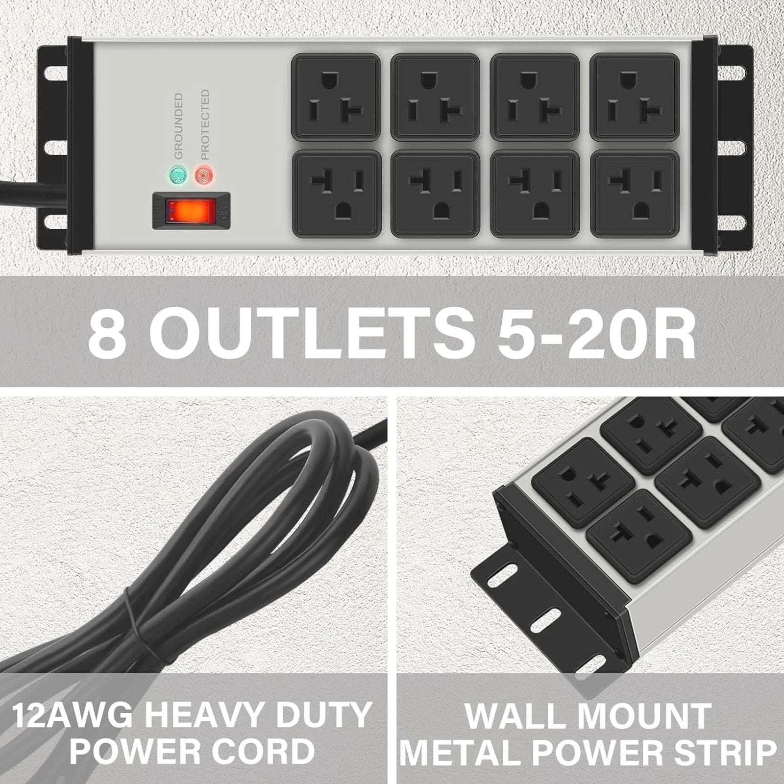 Heavy Duty Power Strip Surge Protector 20 AMP 8 Outlets 12 Gauge 20Ft Industrial