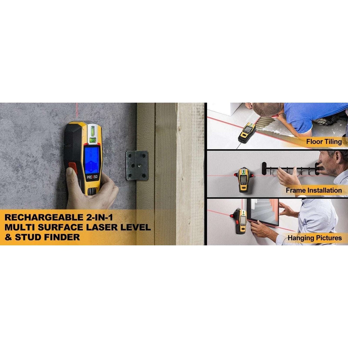 PREXISO 2-in-1 Stud Finder w/ Cross Line Laser Level, Rechargeable Multi Surface