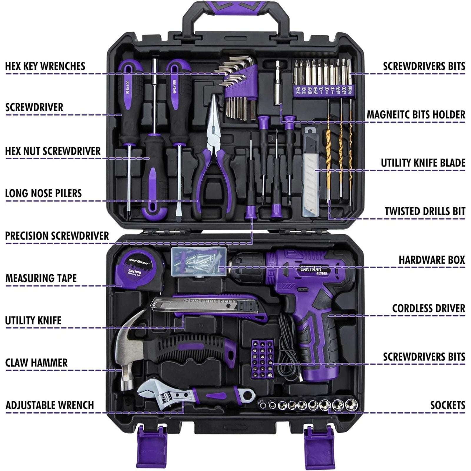 CARTMAN 150 Piece Tool Set, Home Tool Kit w/ 8V Purple Cordless Drill Set & Case