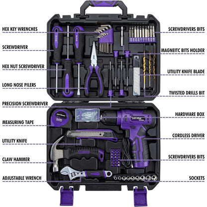CARTMAN 150 Piece Tool Set, Home Tool Kit w/ 8V Purple Cordless Drill Set & Case