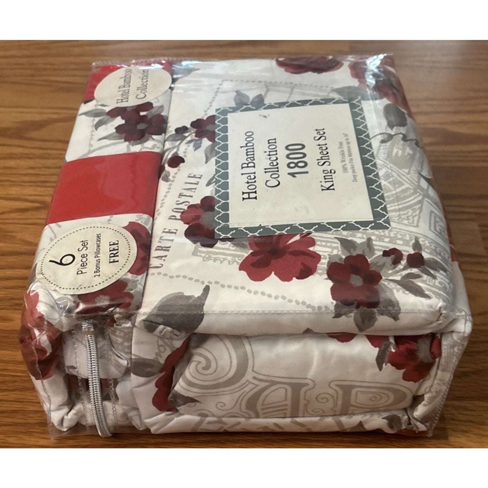 Hotel Bamboo Collection 1800 6-Piece KING Sheet Set Deep Pocket Red Multi Floral