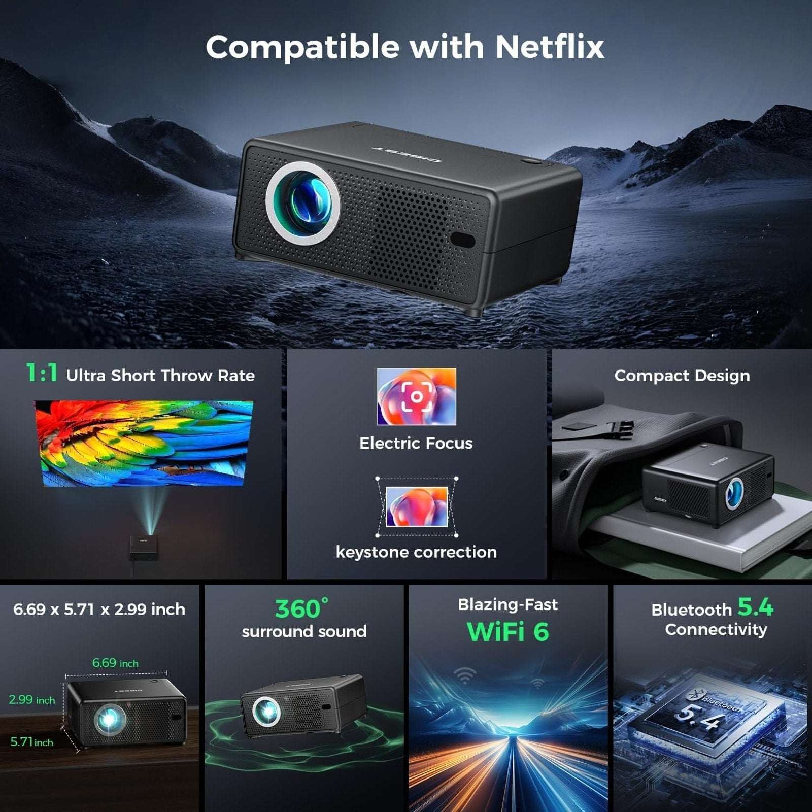 CIBEST Projector 4K Support WiFi 6 Bluetooth 5.4 1080P FHD Netflix Built-In Apps