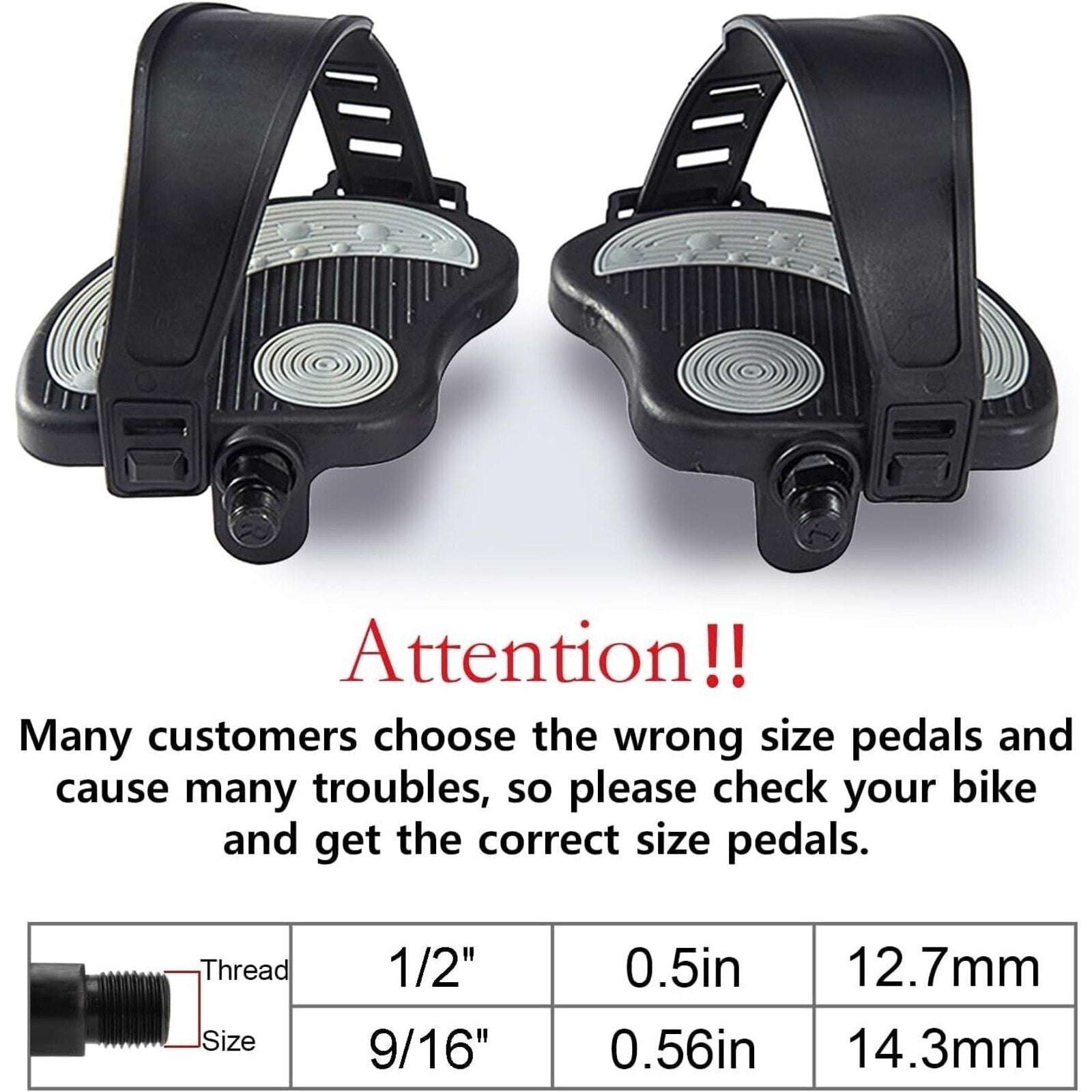 1 Pair Exercise Bike Pedals Anti-Slip w/ Adjustable Straps 9/16" Spindle Trinka