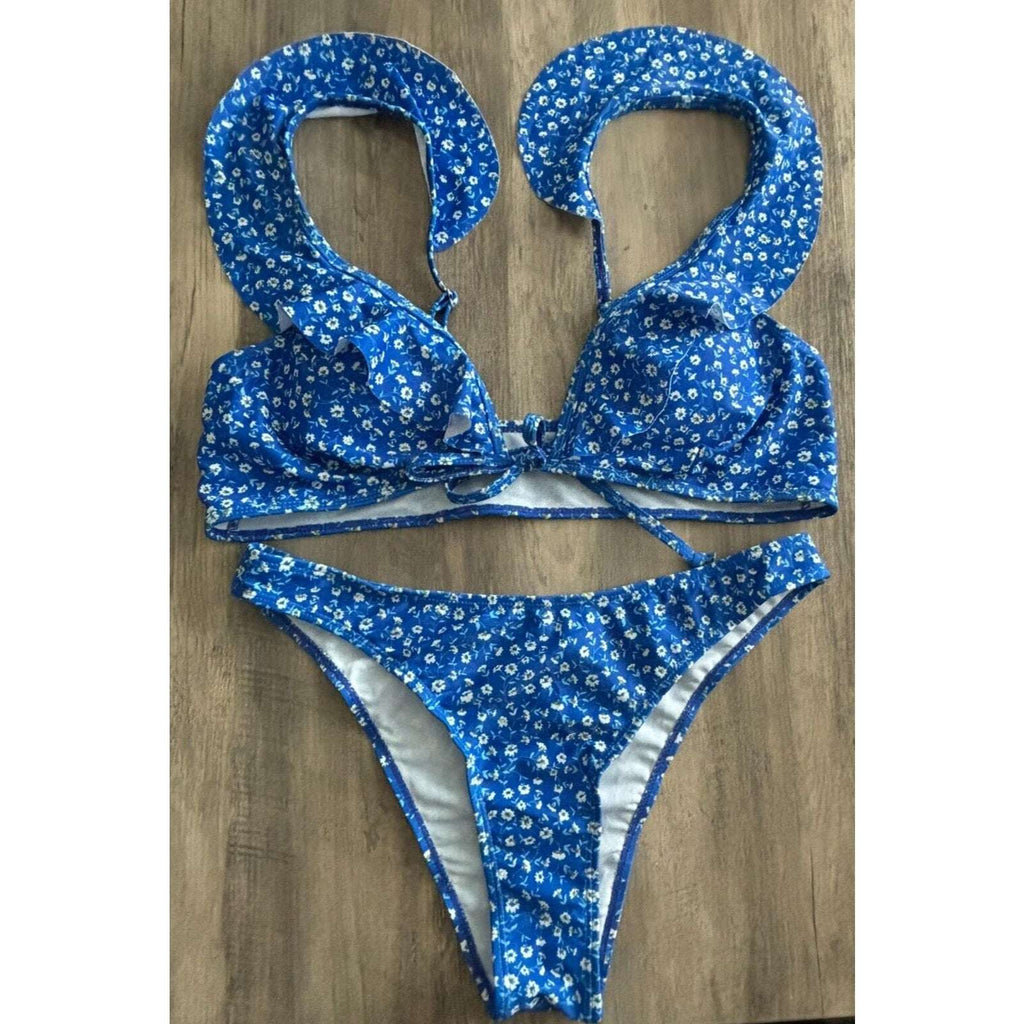 Women's Ruffled Straps Cheeky High Cut Bottom Blue White Flowers Bikini 2Pc Sz M